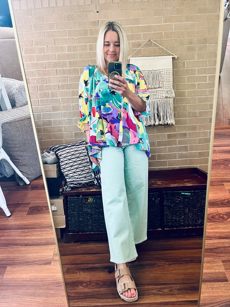 Umgee Teal Multi-Color Floral V-Neck Blouse
